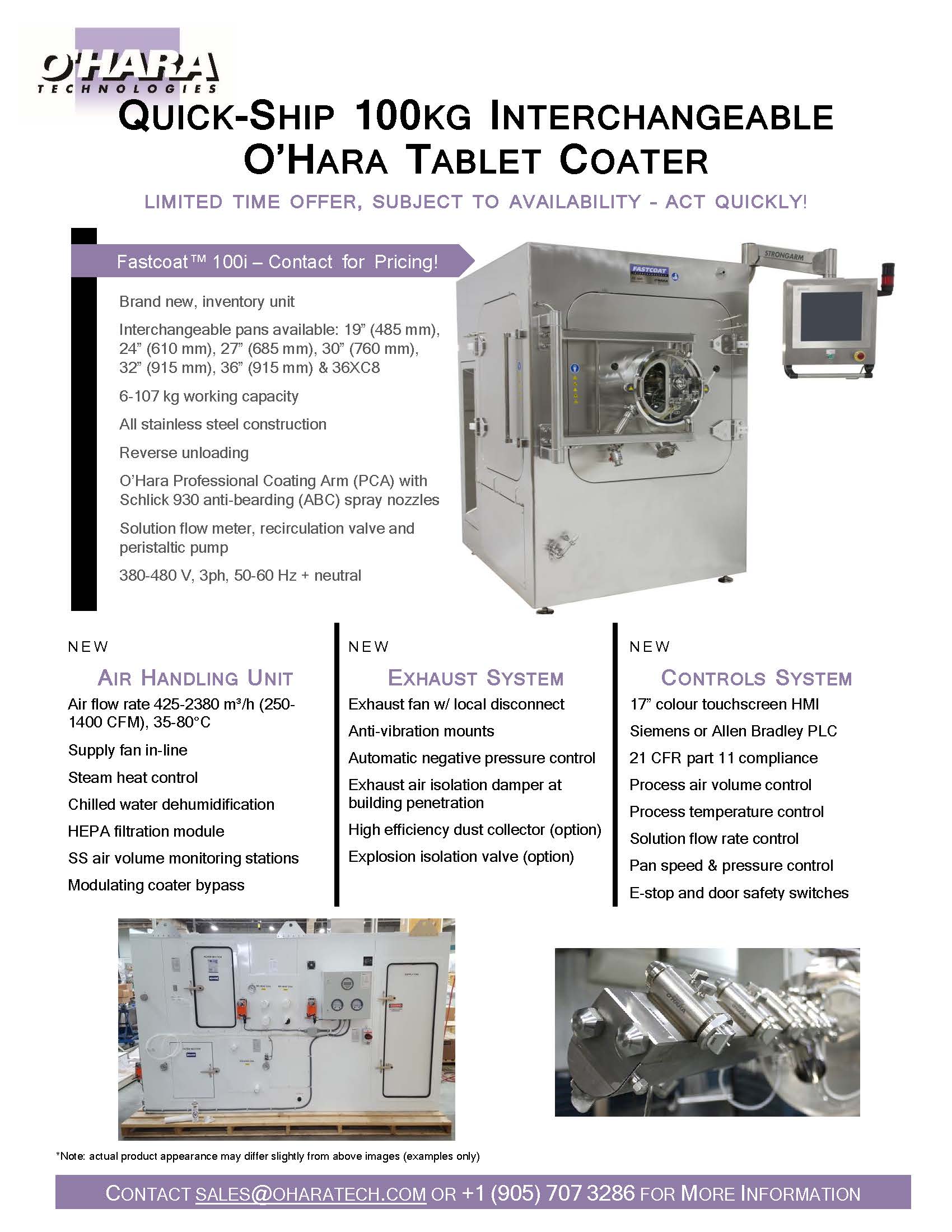 BRAND NEW QUICK-SHIP 100 KG INTERCHANGEABLE O'HARA TABLET COATER 
