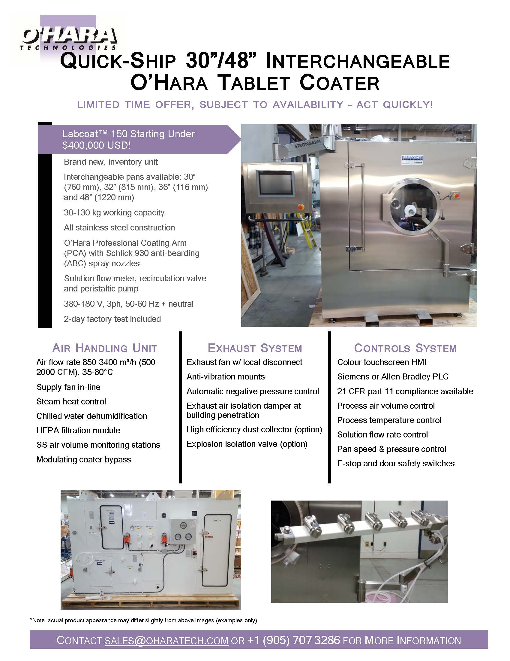BRAND NEW QUICK-SHIP 30"/48" INTERCHANGEABLE O'HARA TABLET COATER